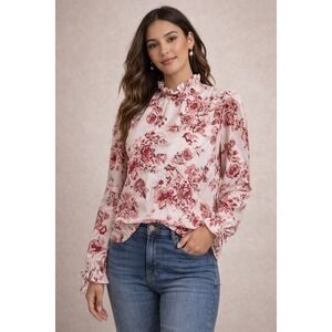 Emery Rose Mock Neck Ruffled Floral Long Sleeve Blouse Women's Size‎ L